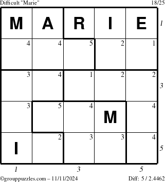 The grouppuzzles.com Difficult Marie puzzle for Monday November 11, 2024 with all 5 steps marked