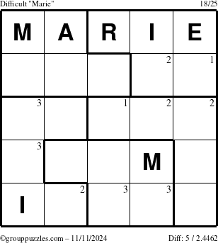 The grouppuzzles.com Difficult Marie puzzle for Monday November 11, 2024 with the first 3 steps marked