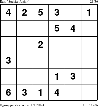 The grouppuzzles.com Easy Sudoku-Junior puzzle for Monday November 11, 2024