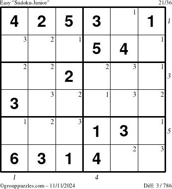 The grouppuzzles.com Easy Sudoku-Junior puzzle for Monday November 11, 2024 with all 3 steps marked