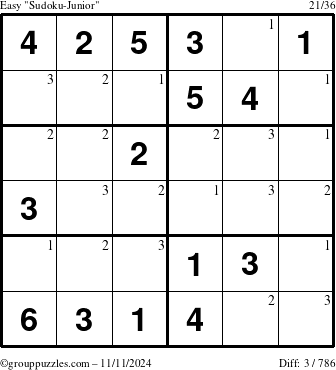 The grouppuzzles.com Easy Sudoku-Junior puzzle for Monday November 11, 2024 with the first 3 steps marked