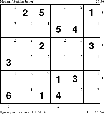 The grouppuzzles.com Medium Sudoku-Junior puzzle for Monday November 11, 2024 with all 3 steps marked