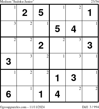 The grouppuzzles.com Medium Sudoku-Junior puzzle for Monday November 11, 2024 with the first 3 steps marked