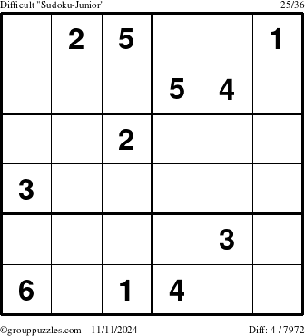 The grouppuzzles.com Difficult Sudoku-Junior puzzle for Monday November 11, 2024