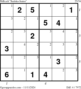 The grouppuzzles.com Difficult Sudoku-Junior puzzle for Monday November 11, 2024 with all 4 steps marked