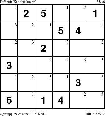 The grouppuzzles.com Difficult Sudoku-Junior puzzle for Monday November 11, 2024 with the first 3 steps marked