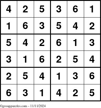 The grouppuzzles.com Answer grid for the Sudoku-Junior puzzle for Monday November 11, 2024