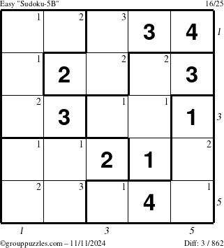 The grouppuzzles.com Easy Sudoku-5B puzzle for Monday November 11, 2024 with all 3 steps marked