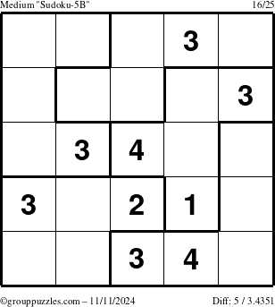 The grouppuzzles.com Medium Sudoku-5B puzzle for Monday November 11, 2024