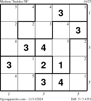 The grouppuzzles.com Medium Sudoku-5B puzzle for Monday November 11, 2024 with all 5 steps marked