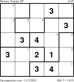 The grouppuzzles.com Medium Sudoku-5B puzzle for Monday November 11, 2024 with the first 3 steps marked