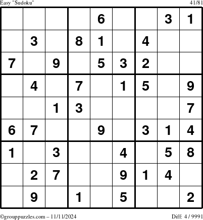 The grouppuzzles.com Easy Sudoku puzzle for Monday November 11, 2024