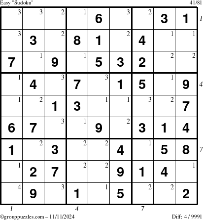 The grouppuzzles.com Easy Sudoku puzzle for Monday November 11, 2024 with all 4 steps marked