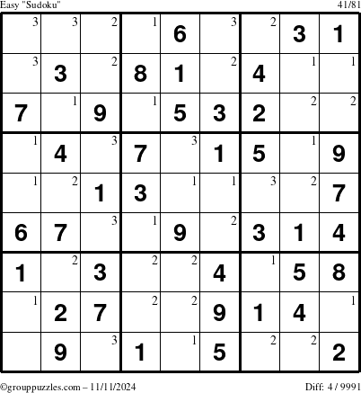 The grouppuzzles.com Easy Sudoku puzzle for Monday November 11, 2024 with the first 3 steps marked