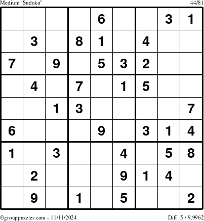 The grouppuzzles.com Medium Sudoku puzzle for Monday November 11, 2024