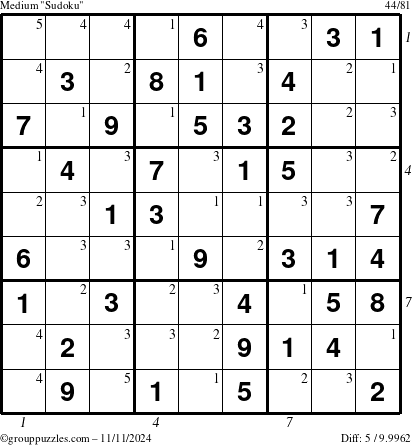 The grouppuzzles.com Medium Sudoku puzzle for Monday November 11, 2024 with all 5 steps marked