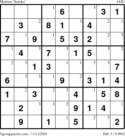 The grouppuzzles.com Medium Sudoku puzzle for Monday November 11, 2024 with the first 3 steps marked