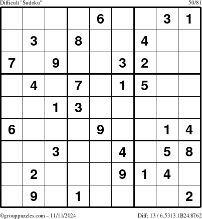 The grouppuzzles.com Difficult Sudoku puzzle for Monday November 11, 2024