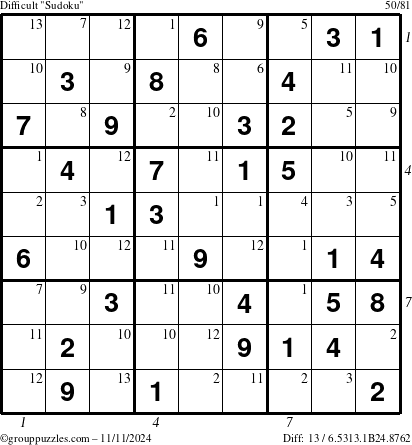 The grouppuzzles.com Difficult Sudoku puzzle for Monday November 11, 2024 with all 13 steps marked