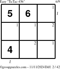 The grouppuzzles.com Easy TicTac-456 puzzle for Monday November 11, 2024 with all 2 steps marked