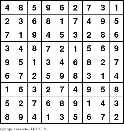 The grouppuzzles.com Answer grid for the Sudoku puzzle for Monday November 11, 2024