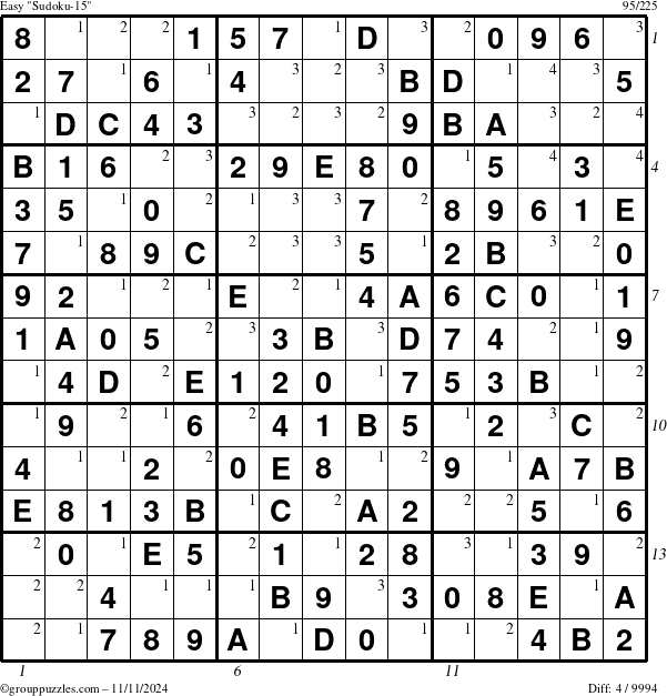 The grouppuzzles.com Easy Sudoku-15 puzzle for Monday November 11, 2024, suitable for printing, with all 4 steps marked