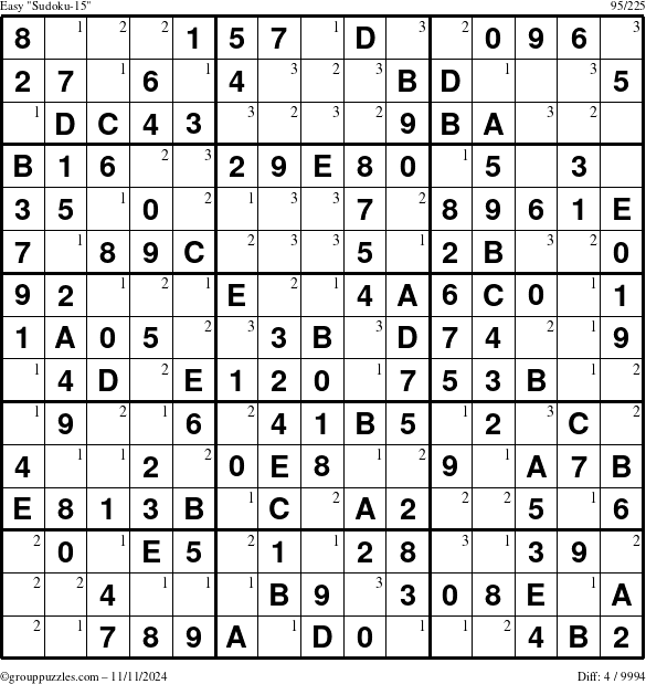 The grouppuzzles.com Easy Sudoku-15 puzzle for Monday November 11, 2024 with the first 3 steps marked