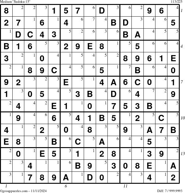 The grouppuzzles.com Medium Sudoku-15 puzzle for Monday November 11, 2024 with all 7 steps marked