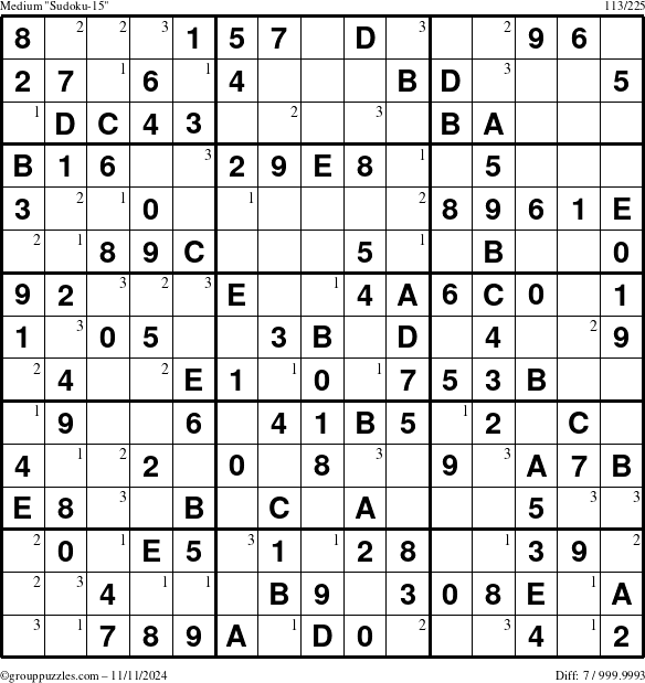 The grouppuzzles.com Medium Sudoku-15 puzzle for Monday November 11, 2024 with the first 3 steps marked