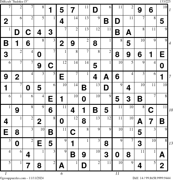 The grouppuzzles.com Difficult Sudoku-15 puzzle for Monday November 11, 2024 with all 14 steps marked