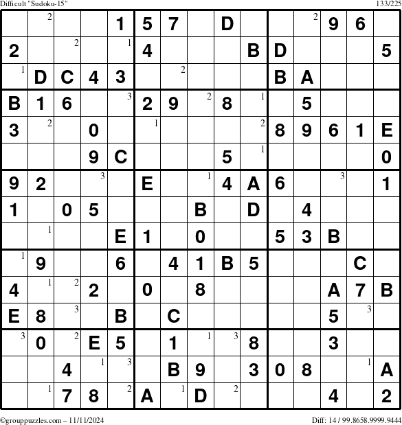 The grouppuzzles.com Difficult Sudoku-15 puzzle for Monday November 11, 2024 with the first 3 steps marked