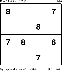 The grouppuzzles.com Easy Sudoku-4-5678 puzzle for Friday September 18, 2026