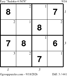 The grouppuzzles.com Easy Sudoku-4-5678 puzzle for Friday September 18, 2026, suitable for printing, with all 3 steps marked