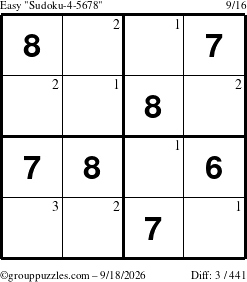 The grouppuzzles.com Easy Sudoku-4-5678 puzzle for Friday September 18, 2026 with the first 3 steps marked