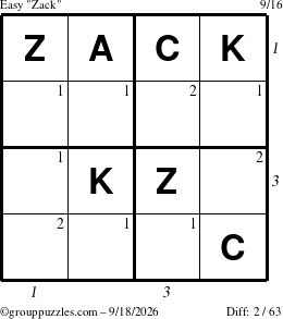 The grouppuzzles.com Easy Zack puzzle for Friday September 18, 2026 with all 2 steps marked
