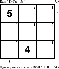 The grouppuzzles.com Easy TicTac-456 puzzle for Friday September 18, 2026 with all 2 steps marked