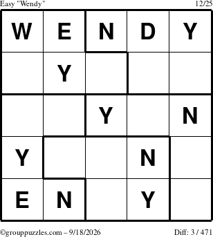 The grouppuzzles.com Easy Wendy puzzle for Friday September 18, 2026