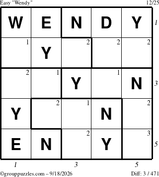 The grouppuzzles.com Easy Wendy puzzle for Friday September 18, 2026 with all 3 steps marked
