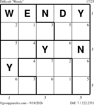 The grouppuzzles.com Difficult Wendy puzzle for Friday September 18, 2026, suitable for printing, with all 7 steps marked