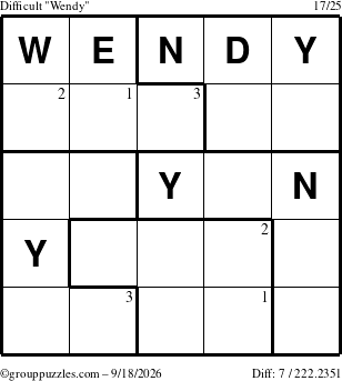 The grouppuzzles.com Difficult Wendy puzzle for Friday September 18, 2026 with the first 3 steps marked