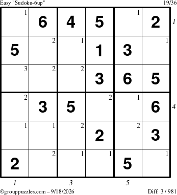 The grouppuzzles.com Easy Sudoku-6up puzzle for Friday September 18, 2026, suitable for printing, with all 3 steps marked