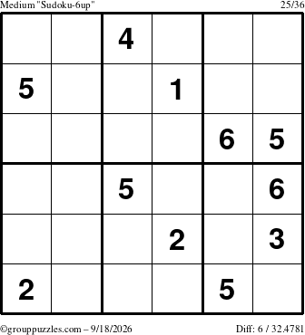 The grouppuzzles.com Medium Sudoku-6up puzzle for Friday September 18, 2026