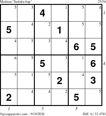 The grouppuzzles.com Medium Sudoku-6up puzzle for Friday September 18, 2026 with all 6 steps marked