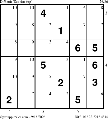 The grouppuzzles.com Difficult Sudoku-6up puzzle for Friday September 18, 2026 with all 10 steps marked