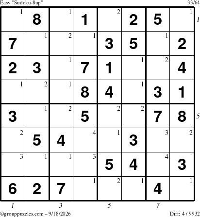 The grouppuzzles.com Easy Sudoku-8up puzzle for Friday September 18, 2026 with all 4 steps marked