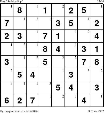 The grouppuzzles.com Easy Sudoku-8up puzzle for Friday September 18, 2026 with the first 3 steps marked