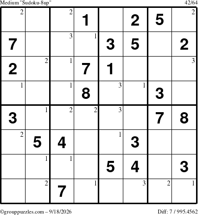 The grouppuzzles.com Medium Sudoku-8up puzzle for Friday September 18, 2026 with the first 3 steps marked