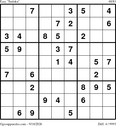 The grouppuzzles.com Easy Sudoku puzzle for Friday September 18, 2026