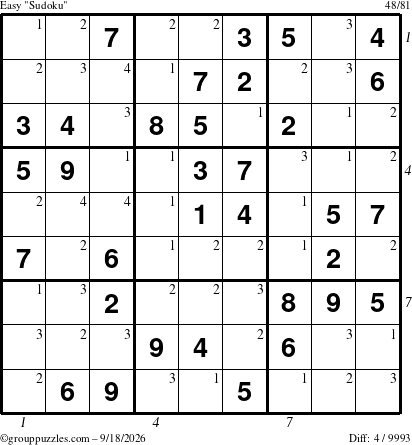 The grouppuzzles.com Easy Sudoku puzzle for Friday September 18, 2026, suitable for printing, with all 4 steps marked