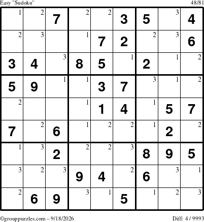 The grouppuzzles.com Easy Sudoku puzzle for Friday September 18, 2026 with the first 3 steps marked